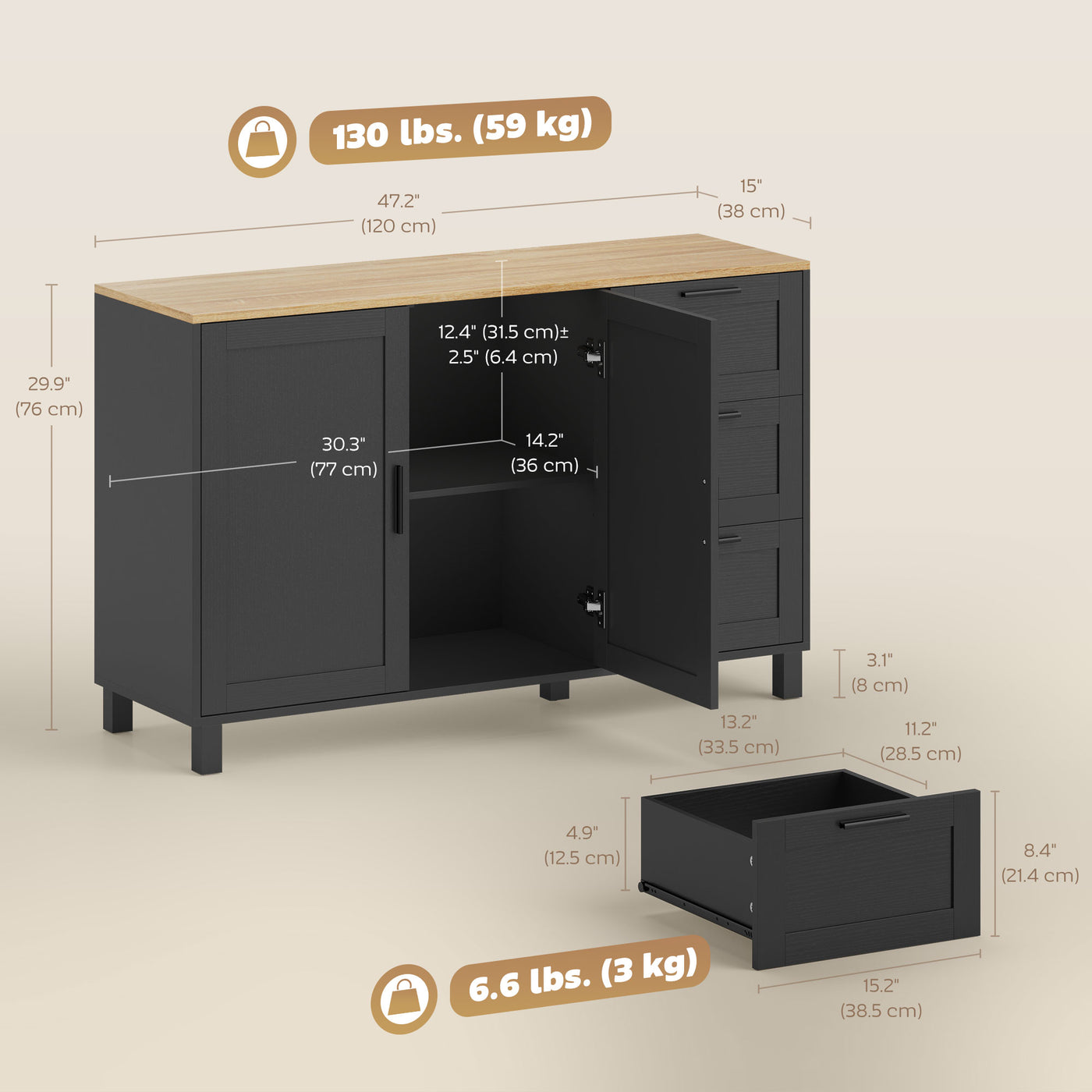 Buffet Cabinet with Soft-Close Doors, Modern Sideboard with 3 Drawers for Living Room, Kitchen, Dining Room, Black