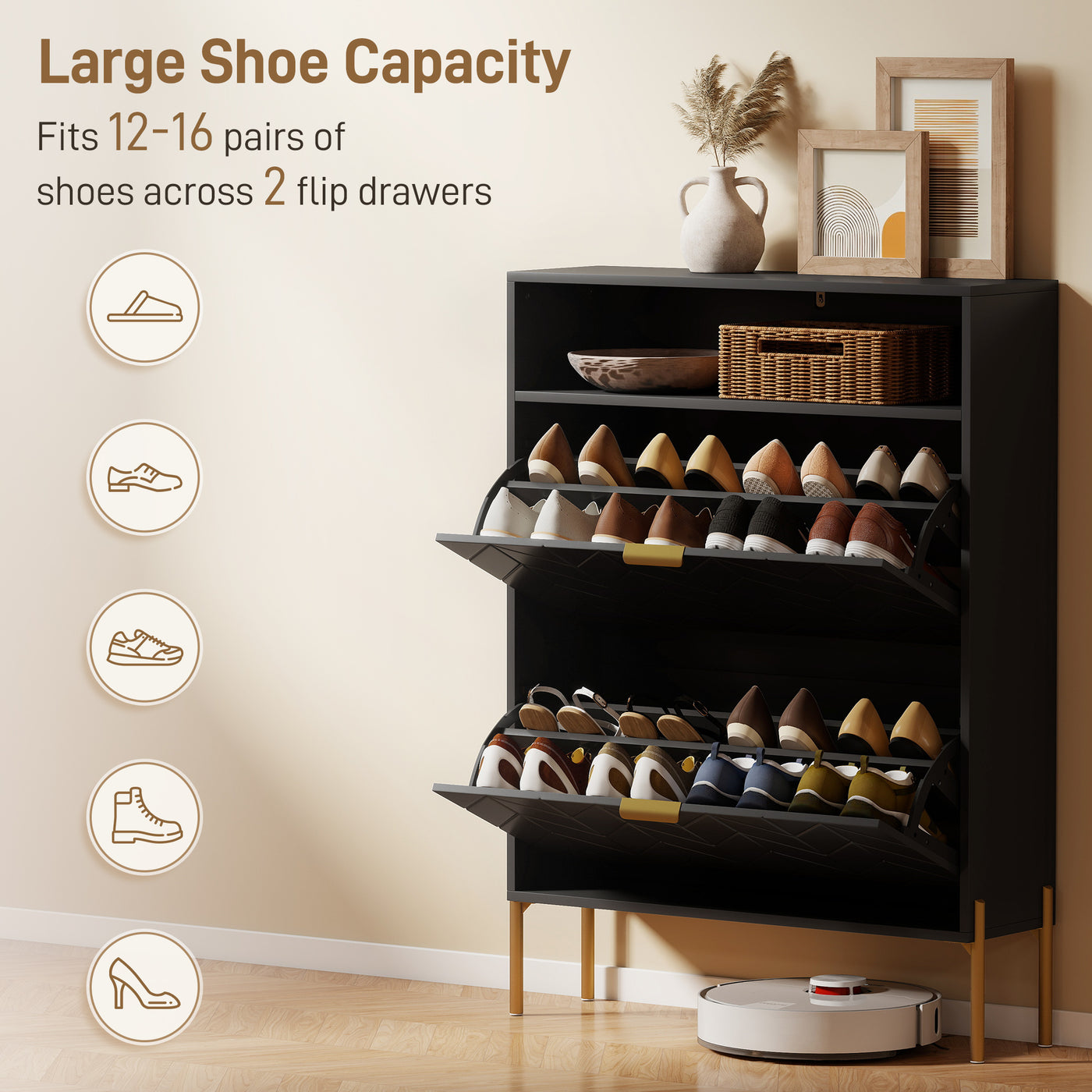 Shoe Cabinet with 2 Flip Drawers, Modern Narrow Shoe Storage Cabinet with Open Compartment, Adjustable Shelves, Black