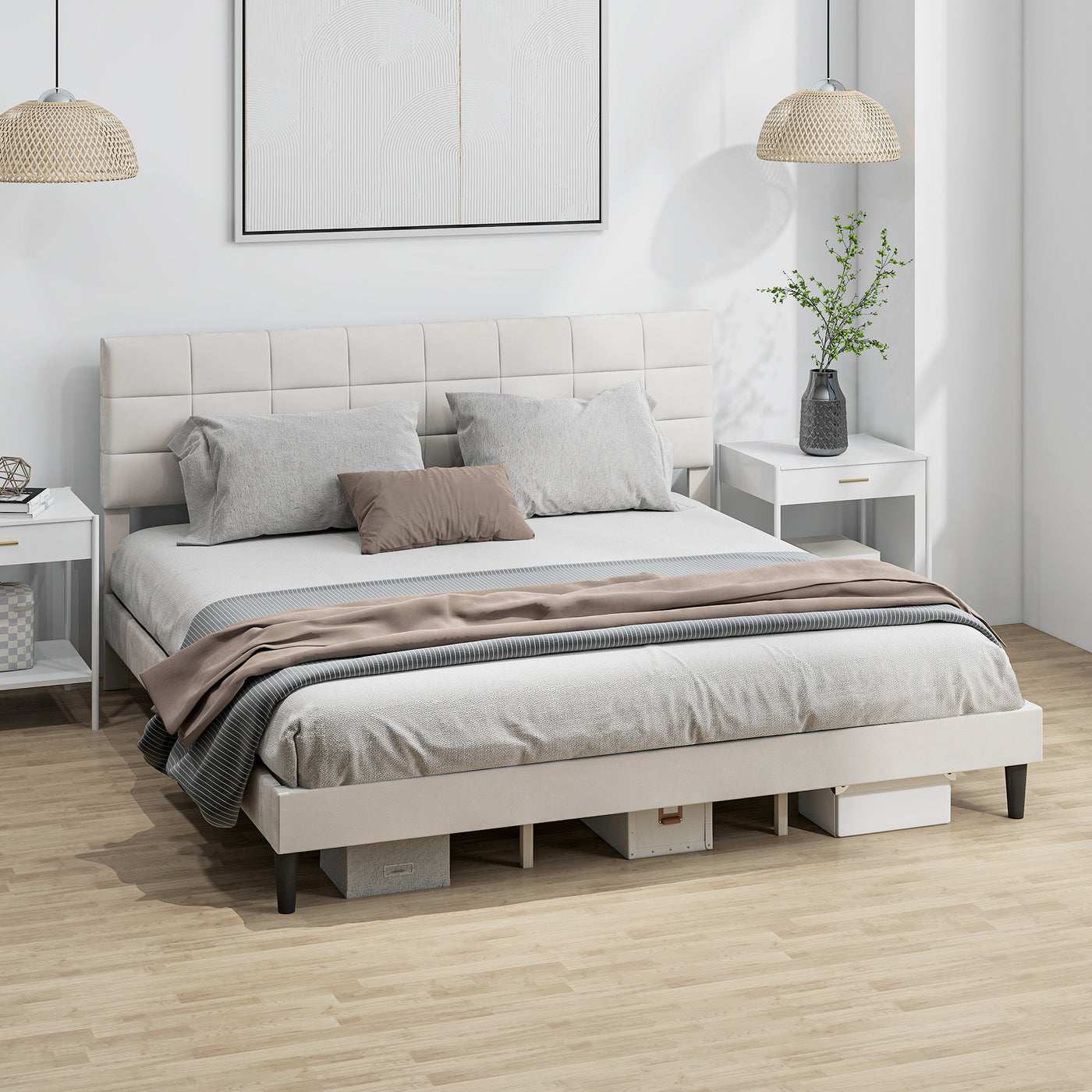King Size Bed Frame with Upholstered Headboard, Modern Platform Bed Frame with Wood Slats, 1100 lbs Capacity, Cream White