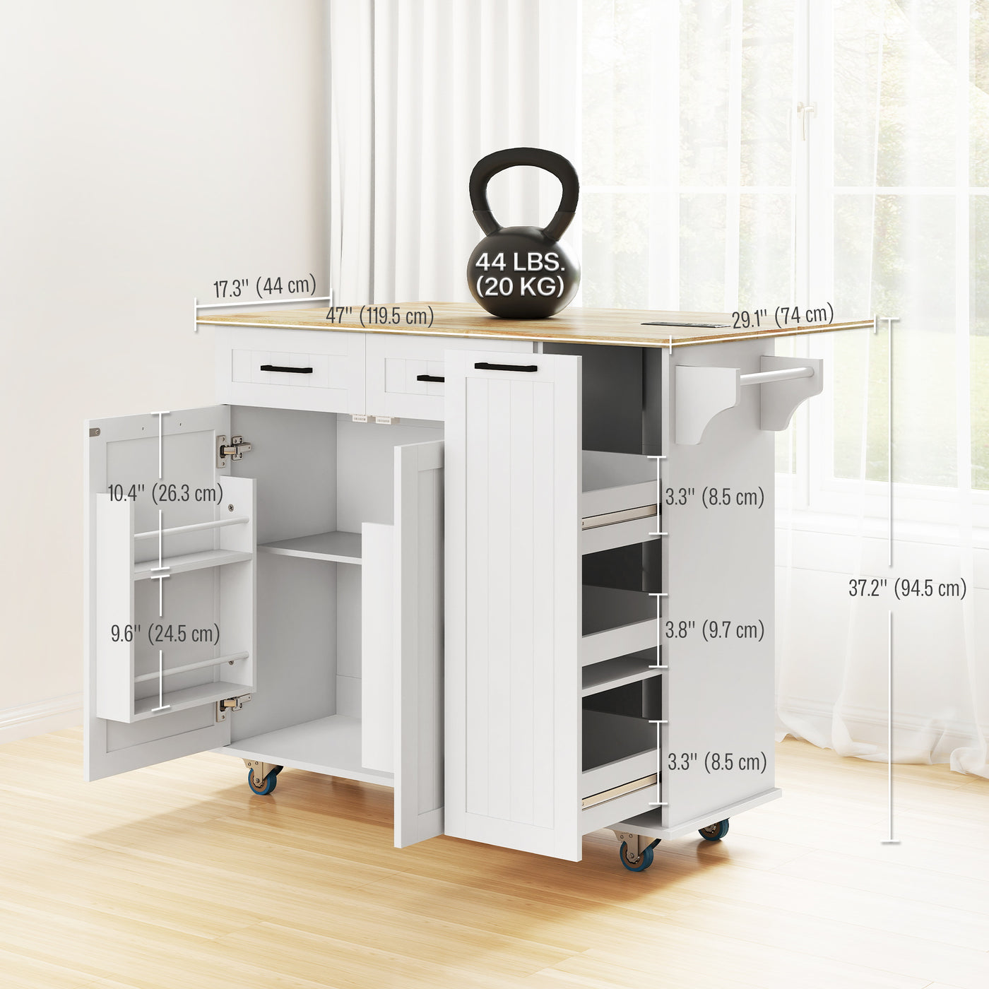 Kitchen Island on Wheels with Wood Drop Leaf, Charging Station, Rolling Kitchen Cart with Adjustable Shelf, White