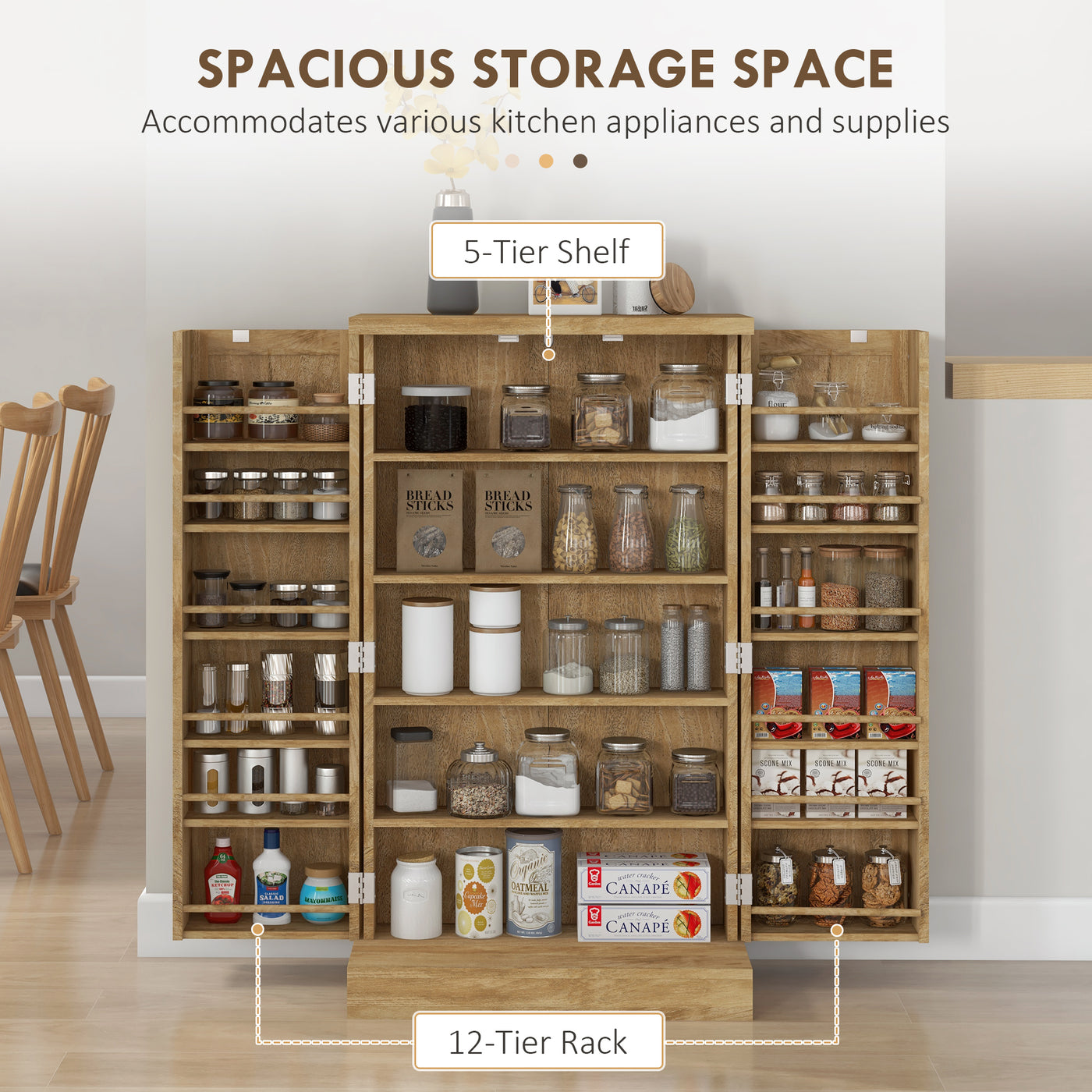 41" Rattan Kitchen Storage Cabinet, Food Pantry Cabinet with 5-Tier Shelf 12 Spice Racks Adjustable Shelves Natural