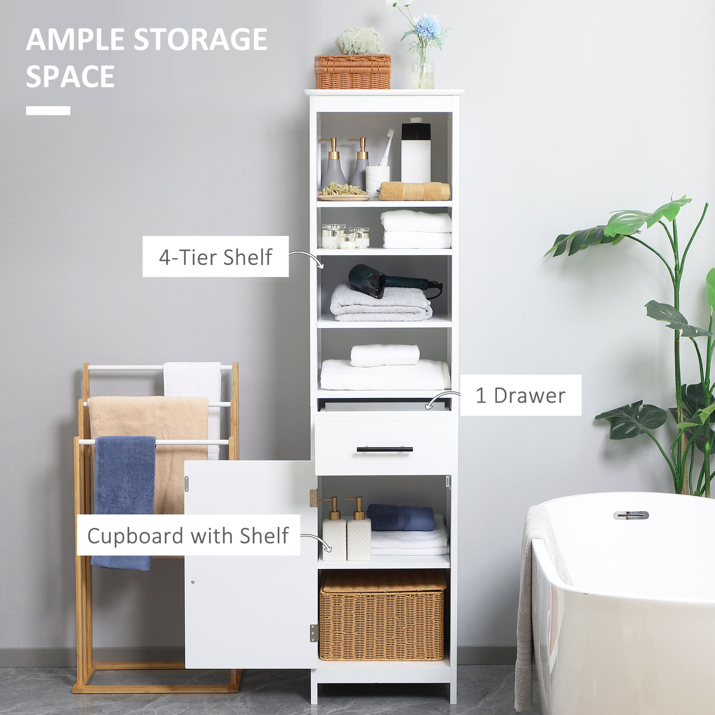 Tall Bathroom Storage Cabinet, Free Standing Bathroom Cabinet Slim Side Organizer w/ 3-Tier Open Shelf, Door, and Drawer, White