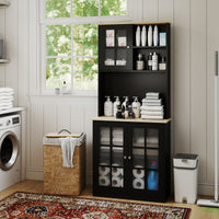 Kitchen Buffet with Hutch, Storage Pantry with 3 Cabinets, 2 Open Shelves and Large Countertop, Black