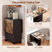 Drop Leaf Dining Table, Mobile Folding Table on Wheels with Drawers and Cabinet for Dining Room, Rustic Brown and Black