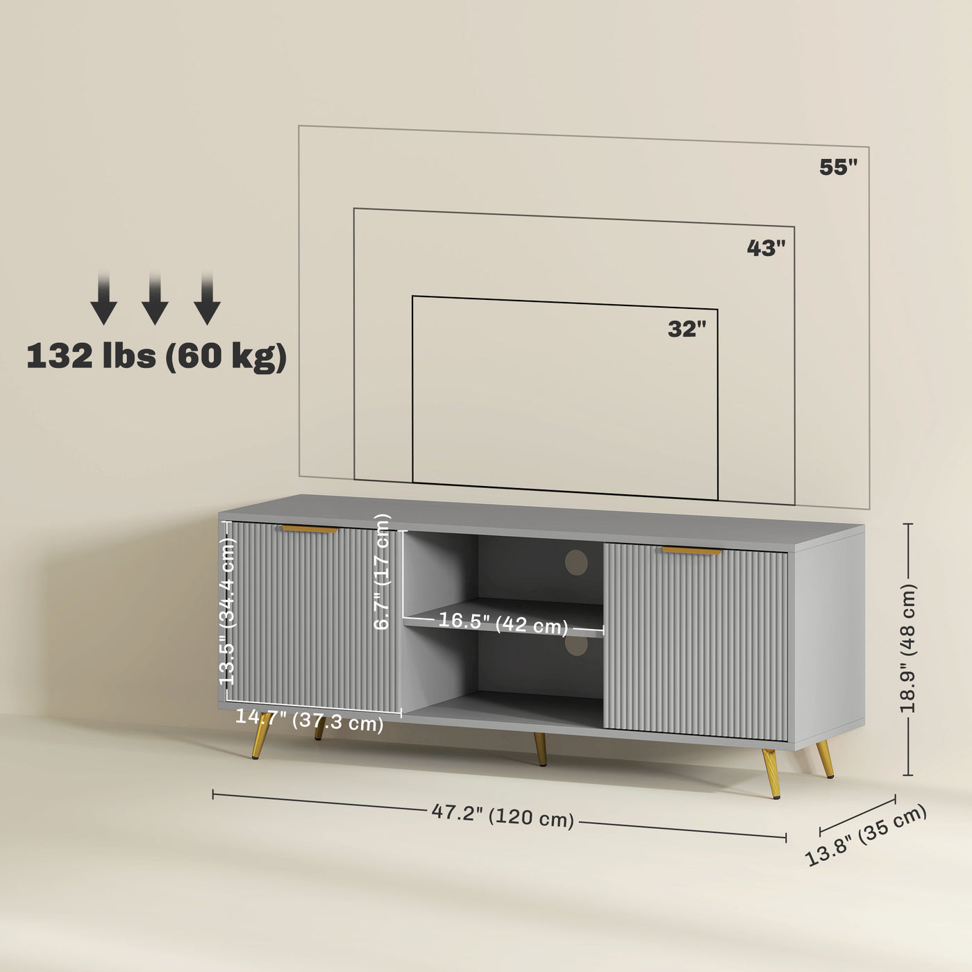 TV Stand with Storage for 55 Inch TV, Modern TV Cabinet with 2 Open Shelves and 2 Cabinets for Living Room, Grey