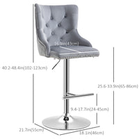 Modern Adjustable Bar Stools Set of 2, Swivel Velvet Barstools, Counter Height Bar Chairs with Button Tufted Back, Footrest, Nailhead Trim for Home Bar, Grey