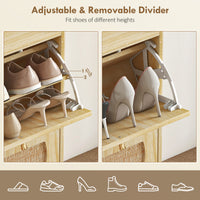 4 Flip-Drawer Shoe Cabinet, Shoe Storage Cabinet with Rattan Doors and Adjustable Shelves, Holds 16 Pairs, Natural