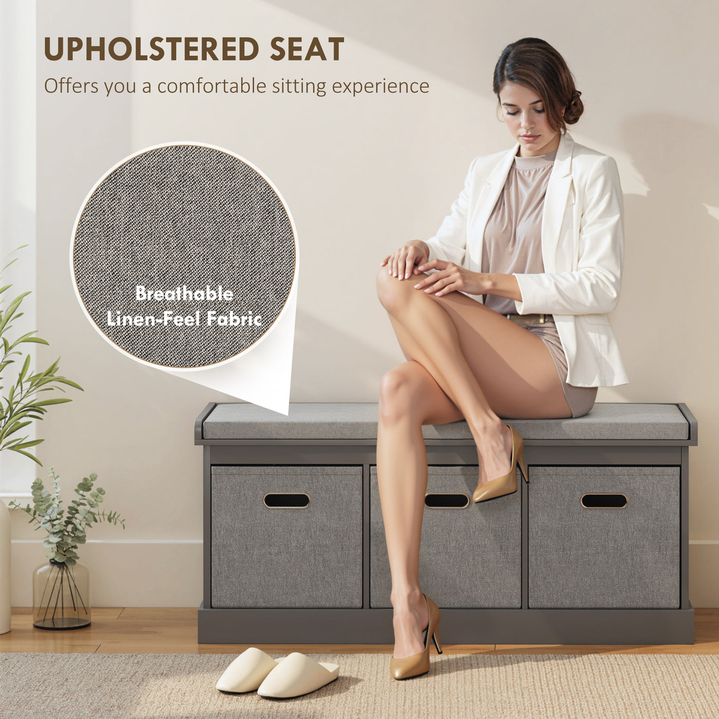 Shoe Storage Bench with Seat, Entryway Bench Seat with Cushion, 3 Fabric Drawers for Hallway, Dark Grey