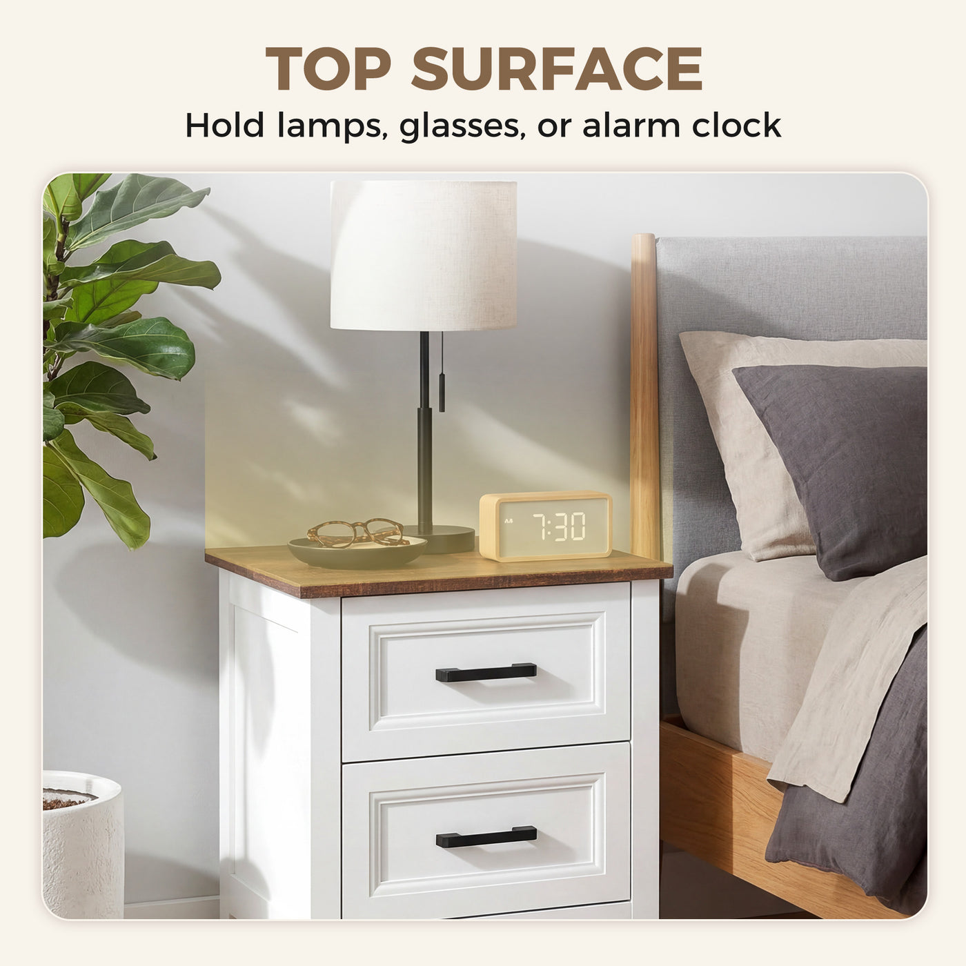 Farmhouse Nightstand Set of 2, Bedside Tables with 2 Drawers, Wood-Effect Top, White