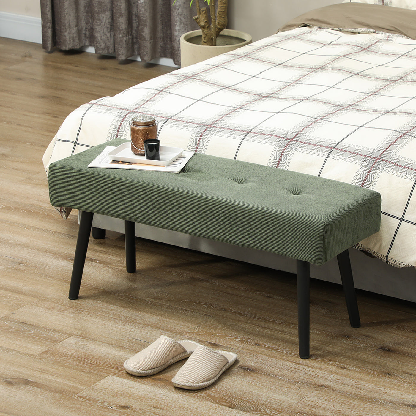 39" Upholstered Ottoman Bench, Corduroy Entryway Bedroom Bench with Padded Seat and Steel Legs for Bedroom, Green