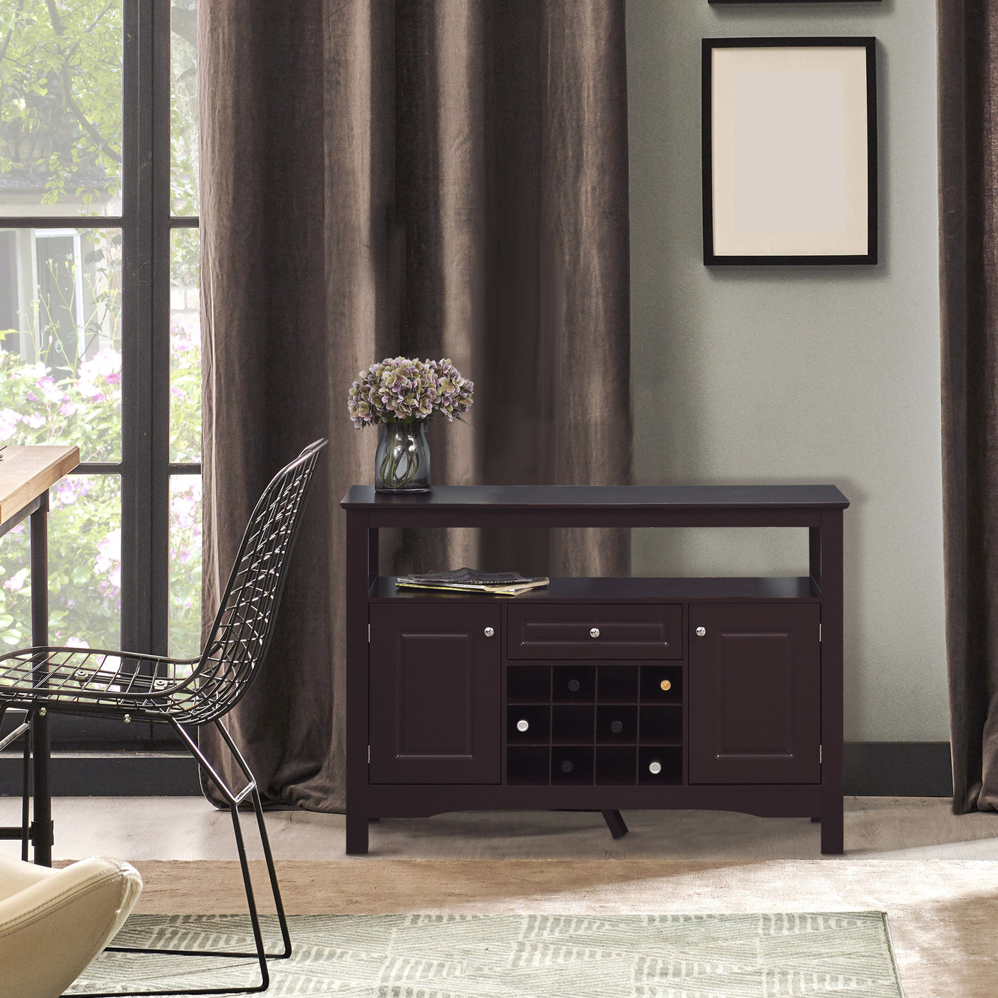 Modern Kitchen Buffet Bar Cabinet Storage Sideboard Dining Server with Drawer & 12-Bottle Wine Rack for Living Room, Espresso