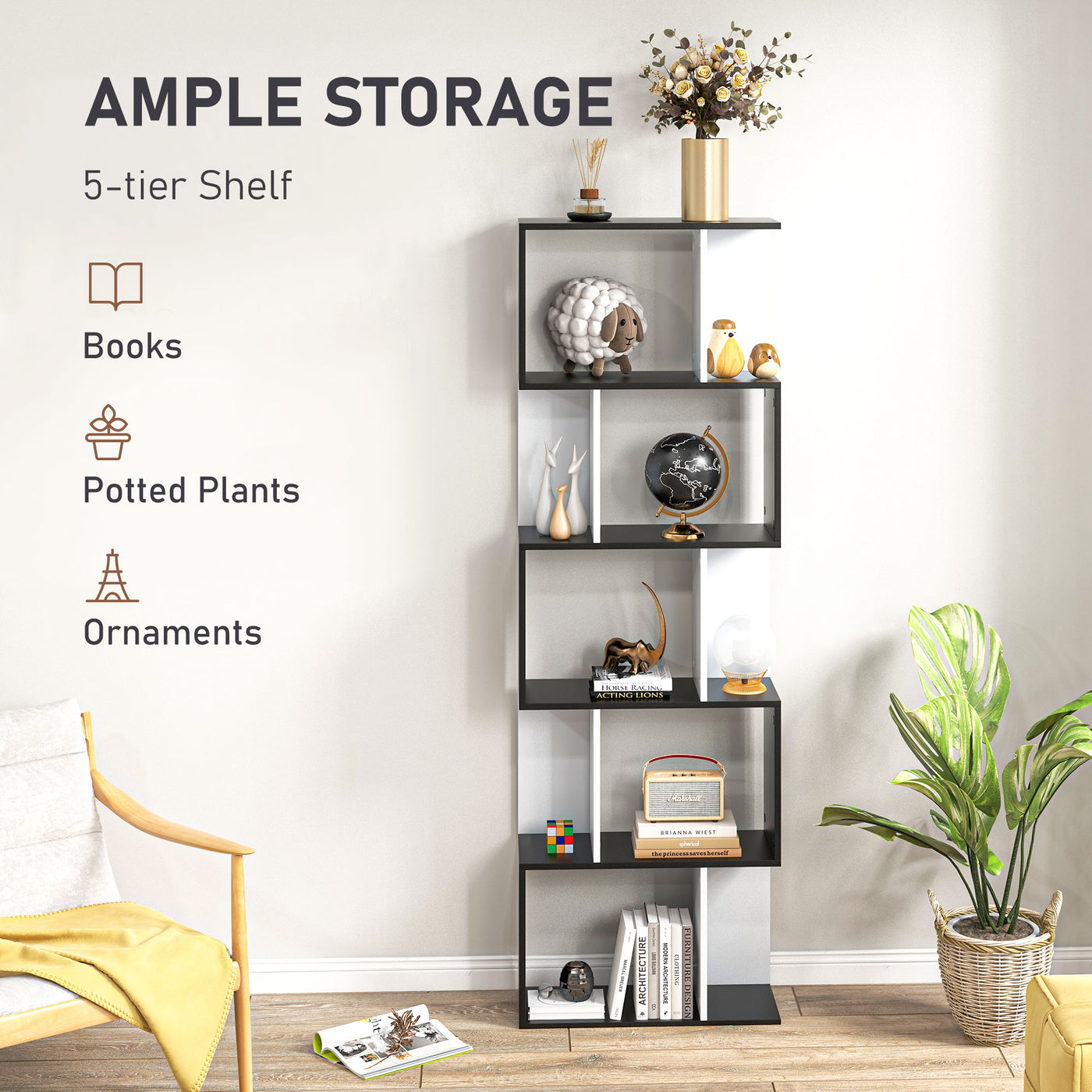 Modern Bookcase 5-Tier Display Shelf Storage Shelf Room Divider Living Room Home Office Furniture, Black