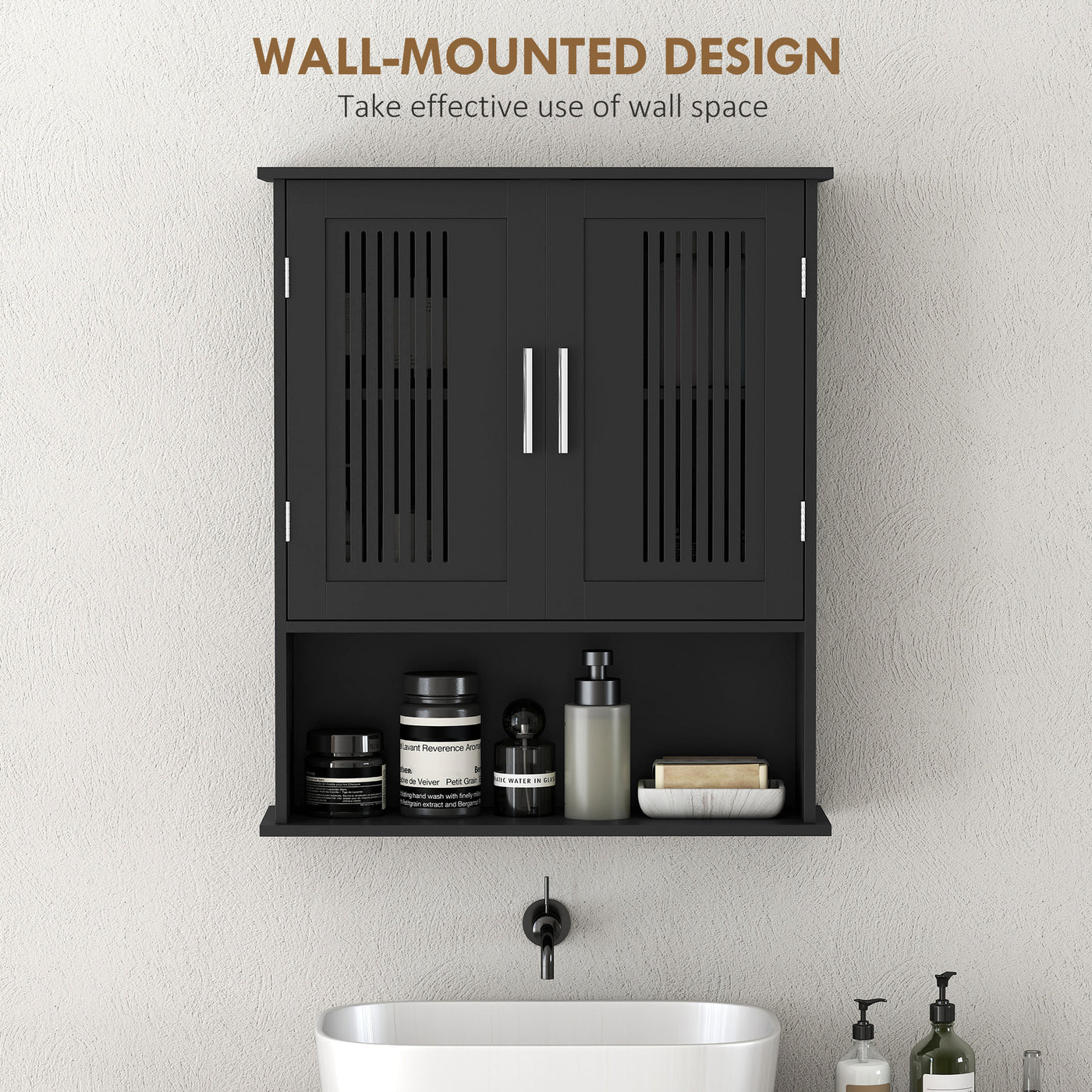 Modern Wall Mount Bathroom Cabinet, Storage Organizer with 2 Door Cabinet and Shelf, Black