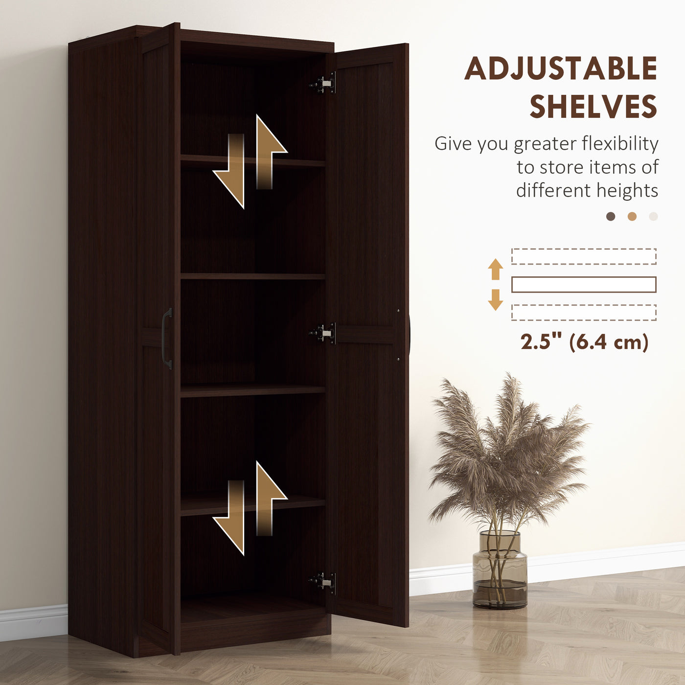 63" Kitchen Storage Cabinet, 5-tier Pantry Cabinet with Doors and Adjustable Shelves for Dining Room, Dark Brown