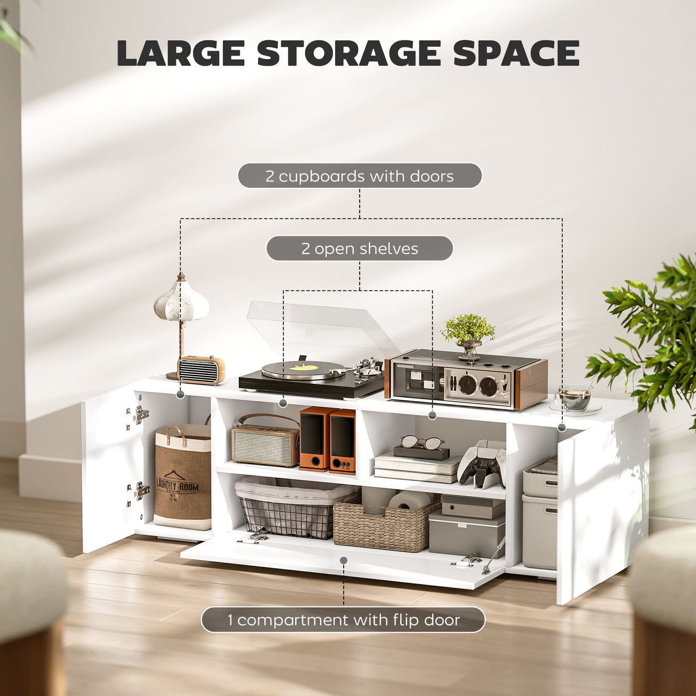TV Stand for TVs up to 60", TV Unit with LED Lights, Storage Shelves and Cupboards, 53.9" x 13.8" x 16.5", White