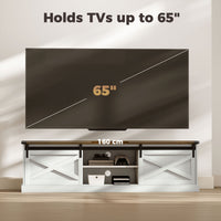 TV Stand for TVs up to 65 Inch, Entertainment Center with Shelves, Cabinets, Sliding Barn Doors, Thick Top, White