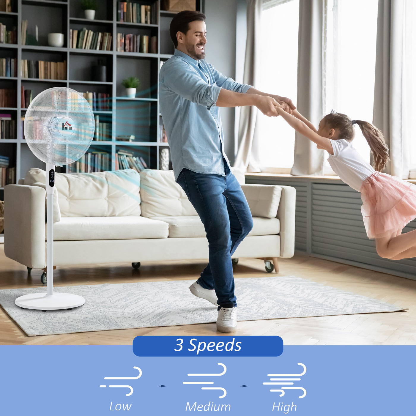 Floor Standing Fan with Remote Control, Oscillating, LED Screen, Stand Up Cooling Fan, Tall Pedestal Electric Fan for Home Bedroom, White