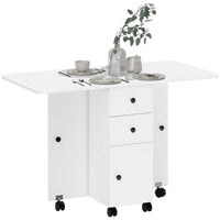 Foldable Dining Table, Rolling Kitchen Table with Storage Drawers and Cabinet, Drop Leaf Table on Wheels, White