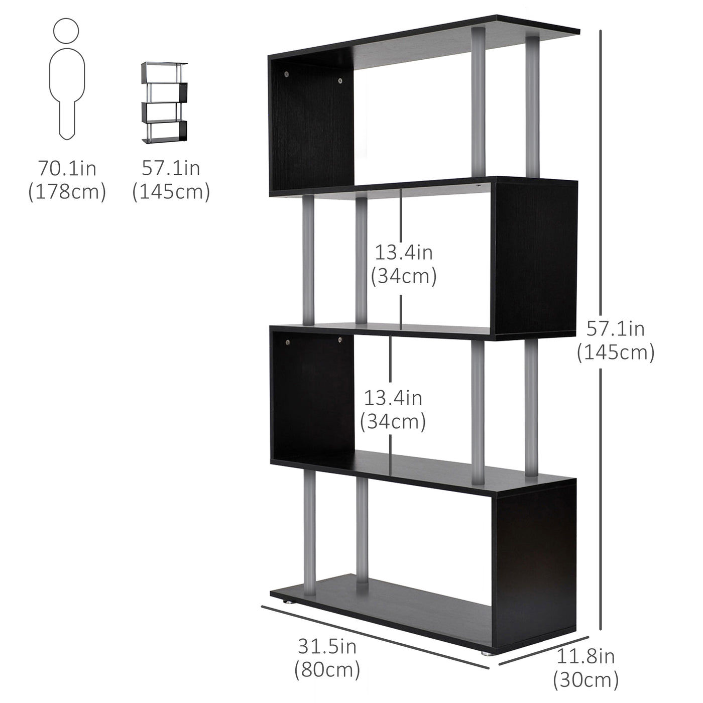 5-Tiers Geometric Wooden Bookcase S-Shaped Storage Bookshelf Display with Metal Frame for Living Room, Bedroom, Home Office, Black