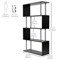 5-Tiers Geometric Wooden Bookcase S-Shaped Storage Bookshelf Display with Metal Frame for Living Room, Bedroom, Home Office, Black
