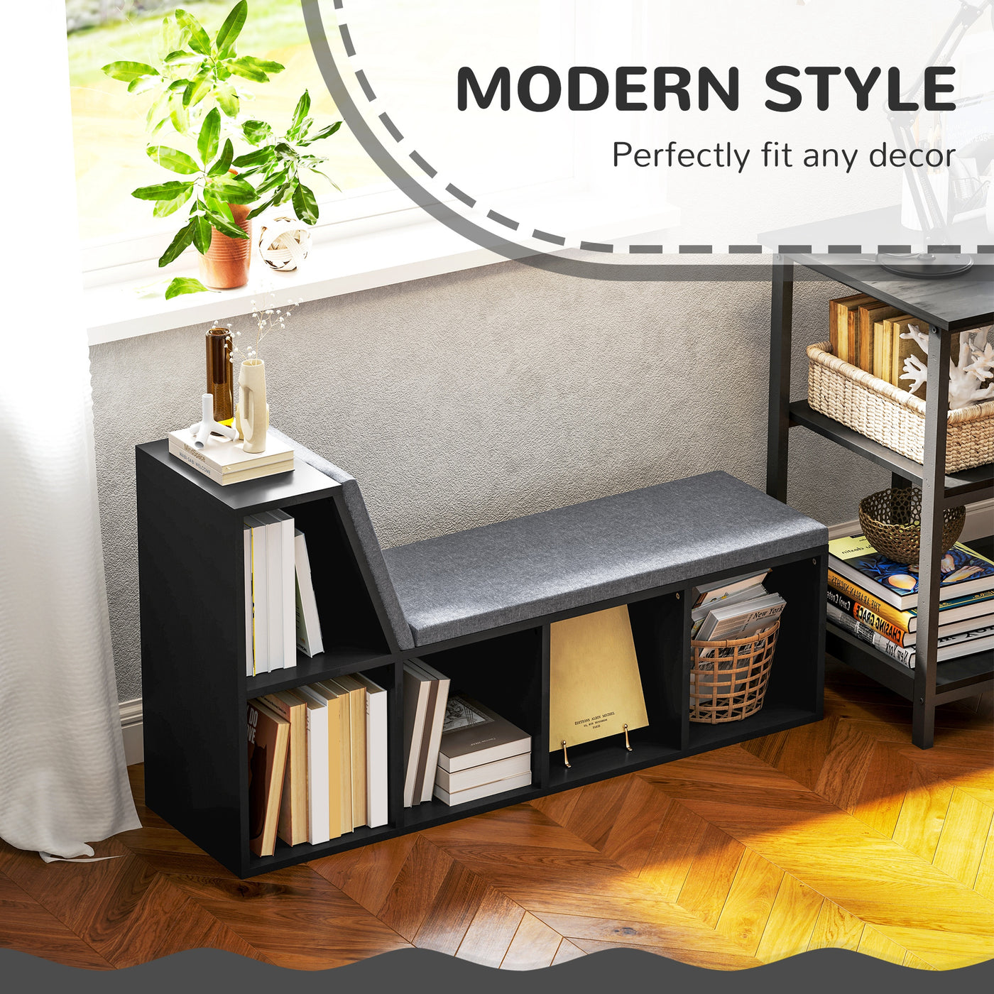 Multi-Purpose Bookshelf with 5 Cubes, 5-Cubby Bookcase with Cushioned Reading Nook and Storage Shelves, Distressed Black