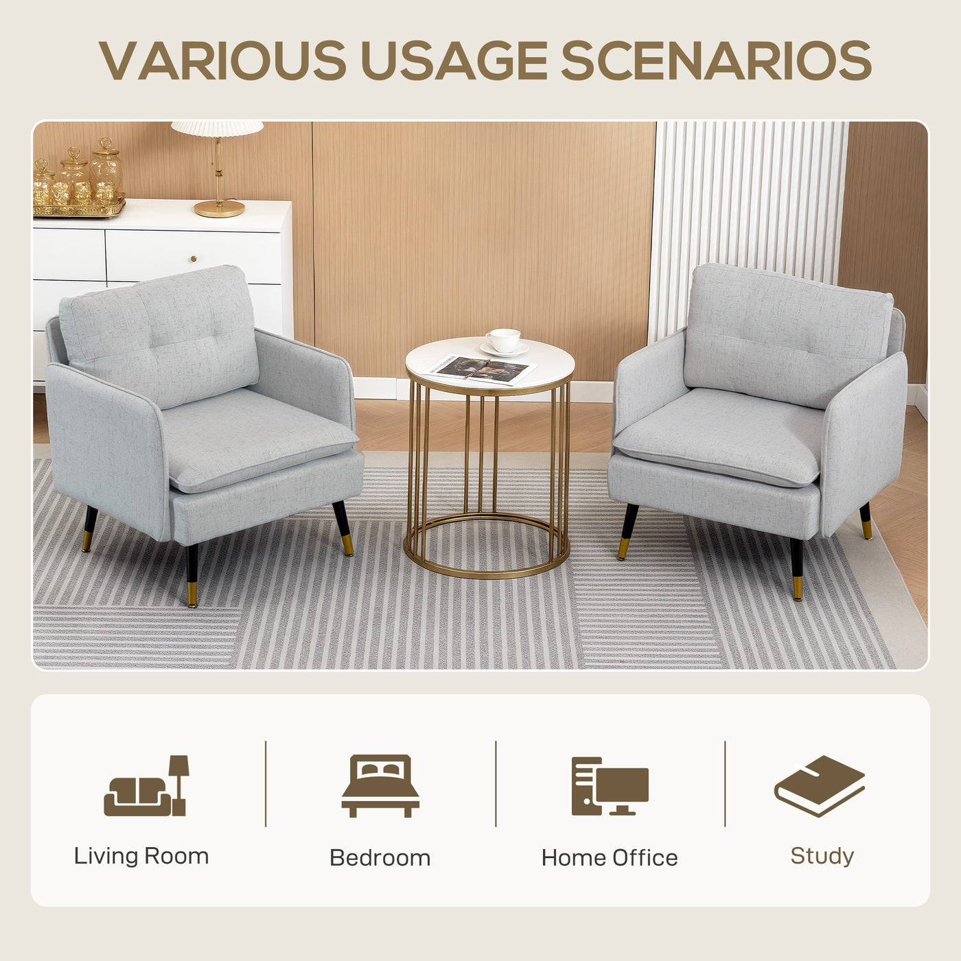 Accent Chairs Set of 2, Upholstered Armchairs with Tufted Back Cushion and Steel Legs for Living Room, Bedroom
