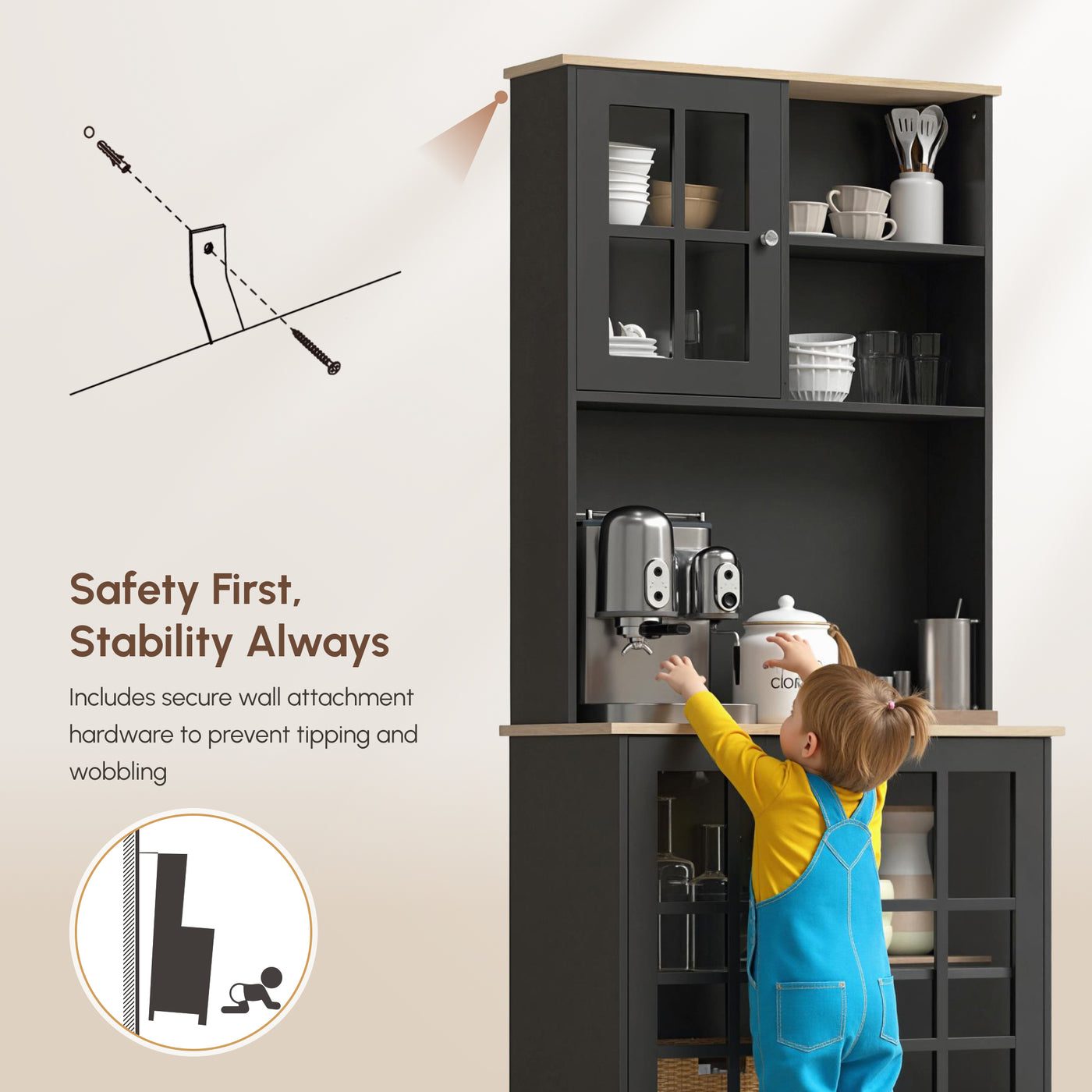 Kitchen Buffet with Hutch, Storage Pantry with 3 Cabinets, 2 Open Shelves and Large Countertop, Black