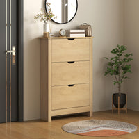 Shoe Storage Cabinet with 3 Flip Drawers and Adjustable Shelves for 12-18 Pairs of Shoes, Natural Wood