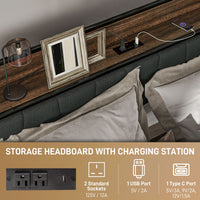 Queen Size Bed Frame with Charging Station, Queen Bed Frame with Upholstered Headboard and Storage Shelf, Walnut