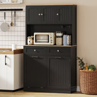 68" Pantry Cabinet with Charging Station, Storage Cabinet with Microwave Stand, 10 Gallon Trash Can Cabinet, Black