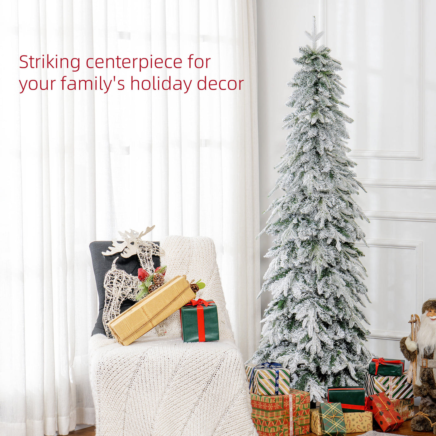 6ft Pencil Flocked Artificial Christmas Tree with 600 Branch Tips, Auto Open and Steel Base, Green
