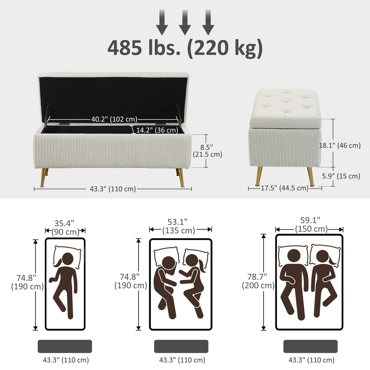 Storage Ottoman Bench, 43 Inch Large Storage Chest with Steel Legs and Padded Seat, Foot Rest, Load 485 lbs, Beige