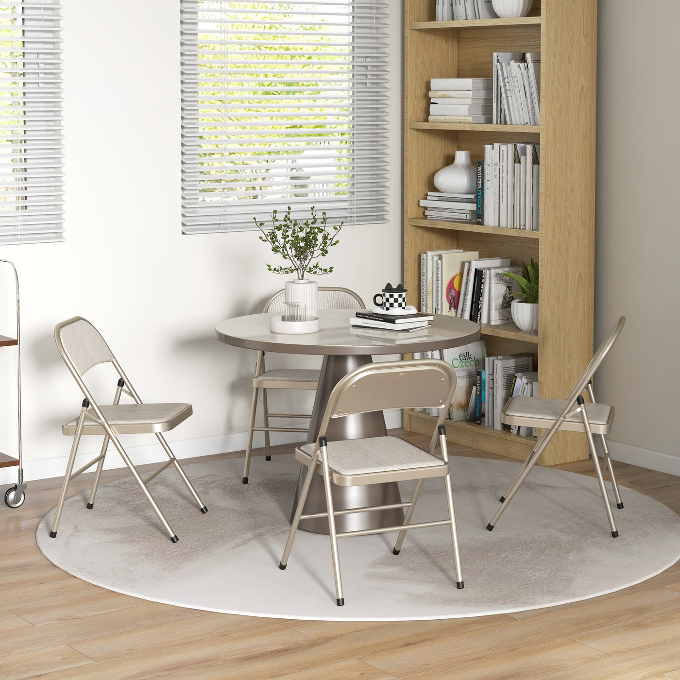 Set of 4 Metal Foldable Chairs, Linen Fabric Padded Folding Chairs with Cushion Seat and Open Back for Indoor, Beige