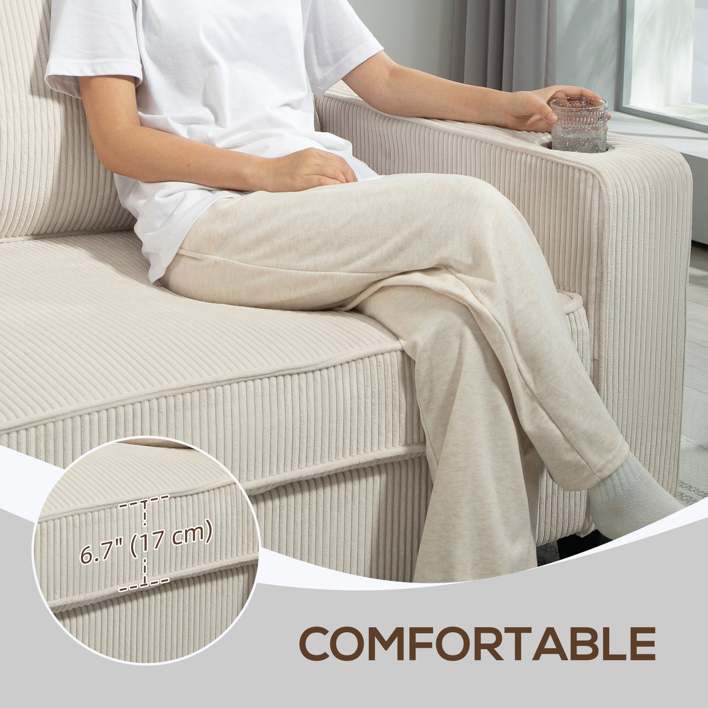 Three Seater Sofa, Fabric 3 Seater Couch with Spring Cushion and Cup Holders for Living Room, Bedroom, Cream White