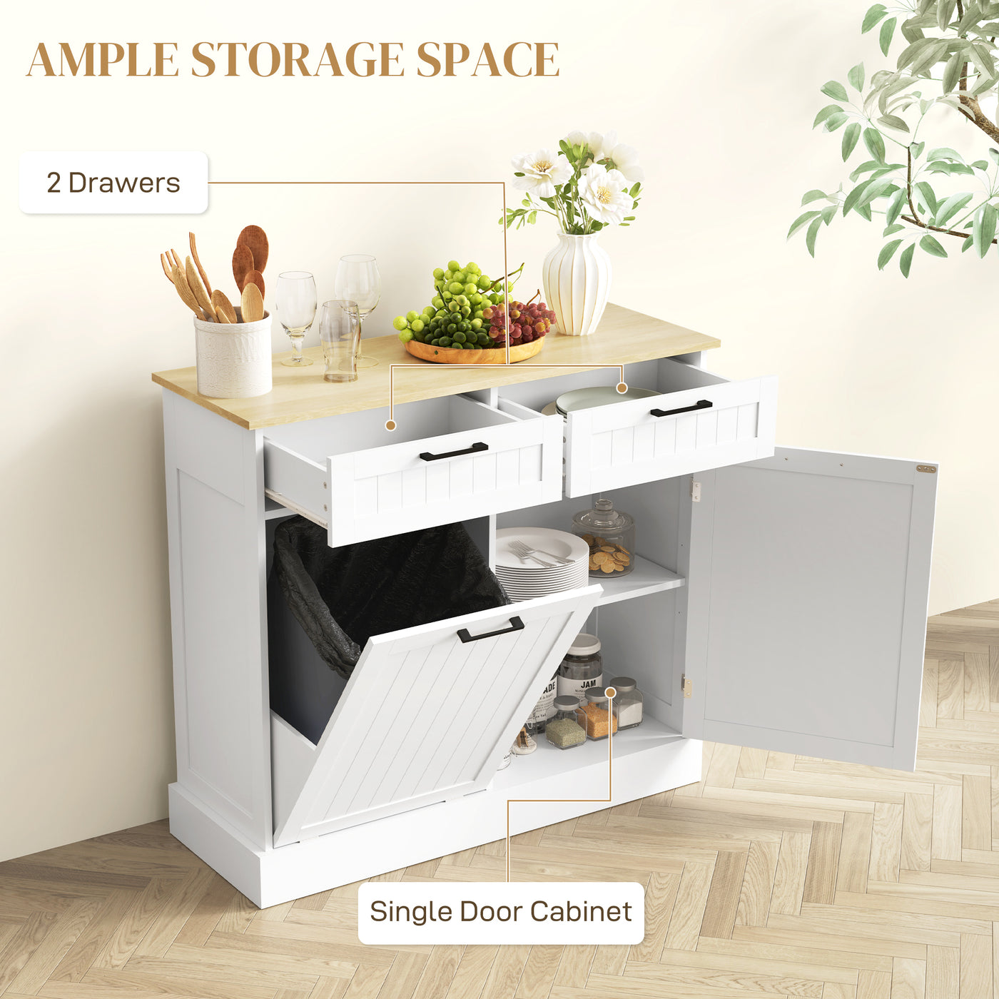 Hidden Garbage Bin Cabinet, Tilt Out Trash Cabinet w/ 2 Drawers, Freestanding Kitchen Island for Laundry, White