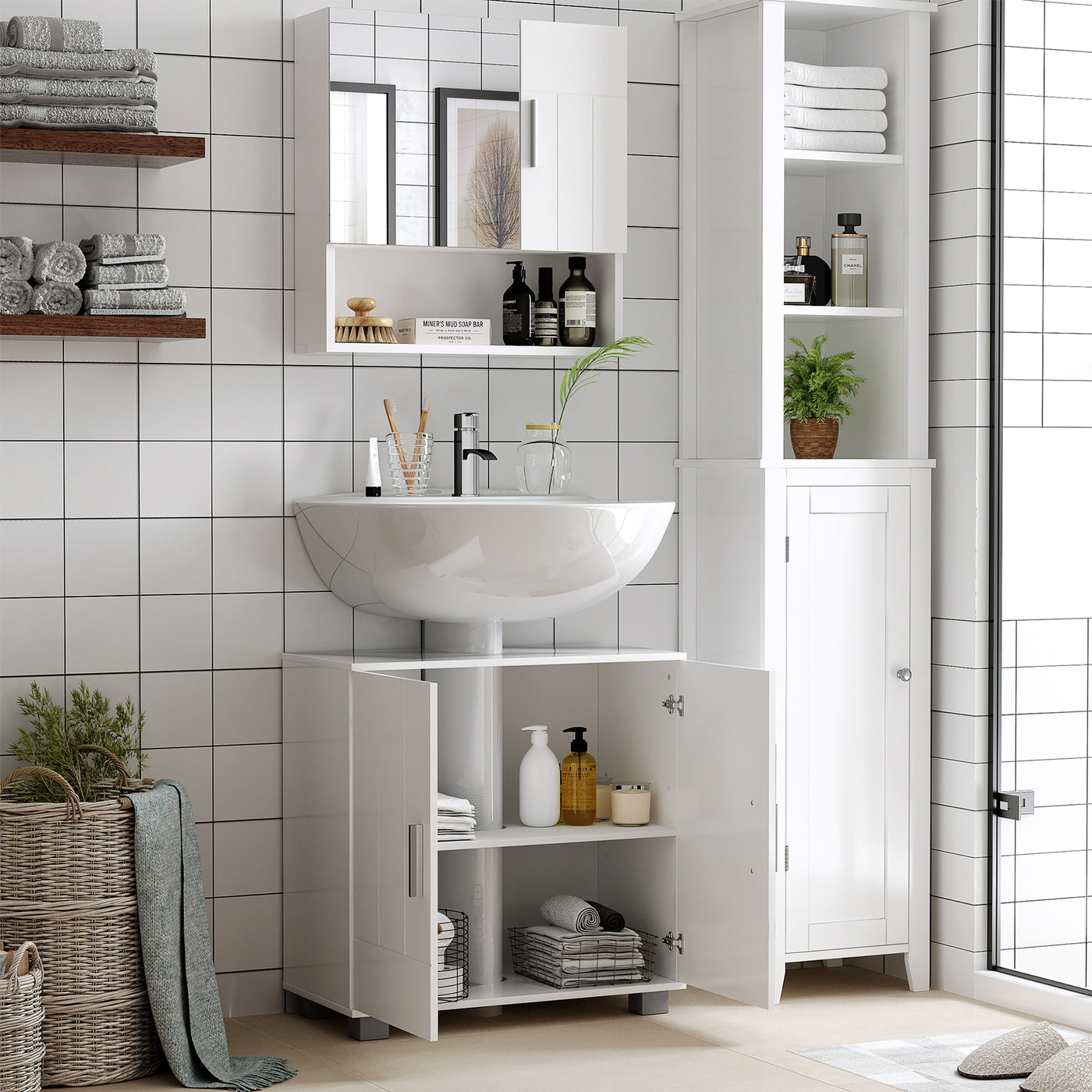 Bathroom Mirror Cabinet, Wall Mounted Medicine Cabinet with Double Doors and Adjustable Shelf, White