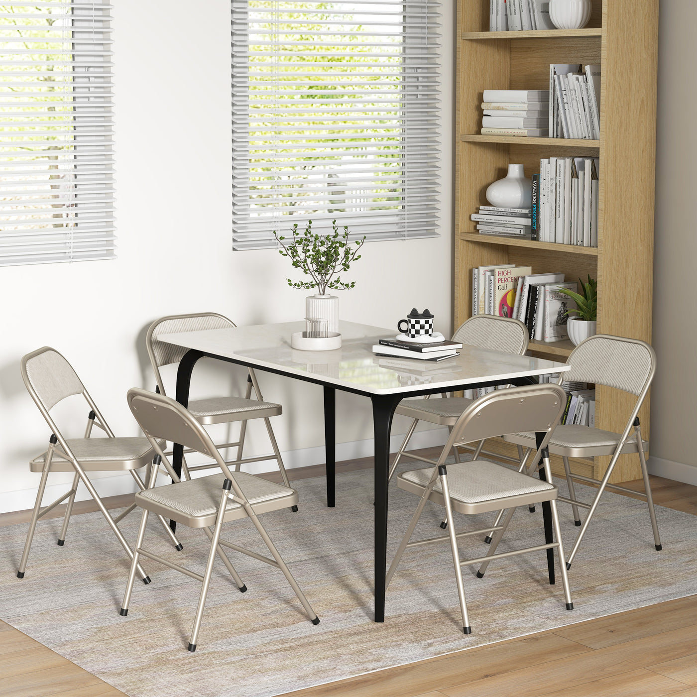 Set of 6 Metal Foldable Chairs, Faux Linen Padded Folding Chairs with Cushion Seat and Open Back for Indoor, Beige