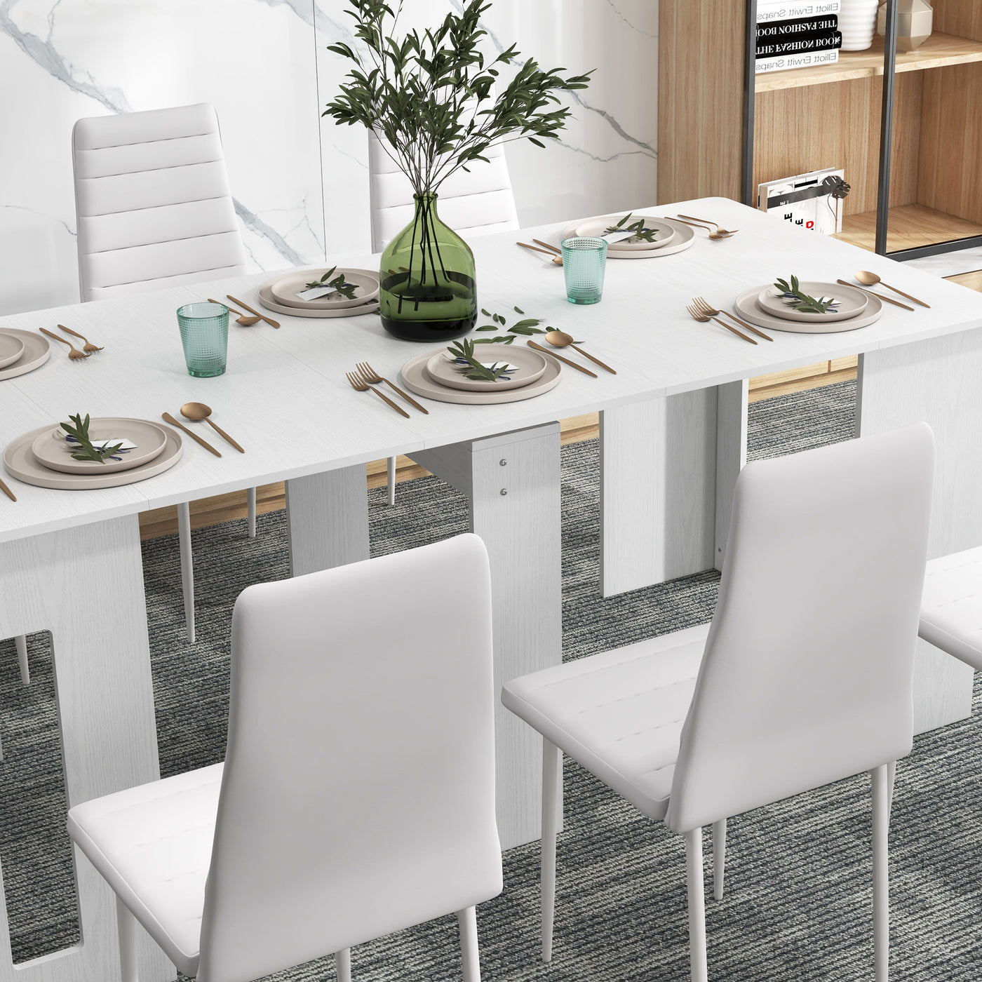 High Back Dining Chairs, Modern Upholstered PU Leather Accent Chairs with Metal Legs for Kitchen, Set of 6, White