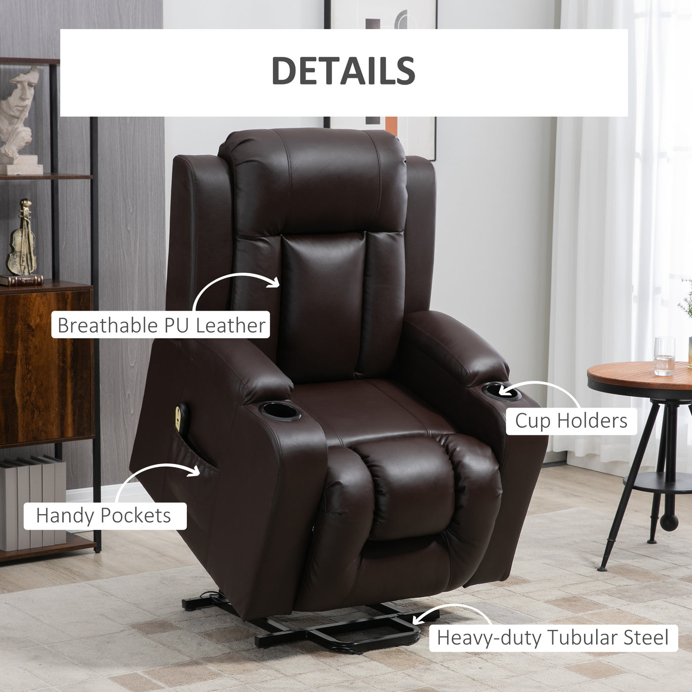 Electric Power Lift Chair, PU Leather Recliner Sofa with Footrest, Remote Control and Cup Holders, Brown