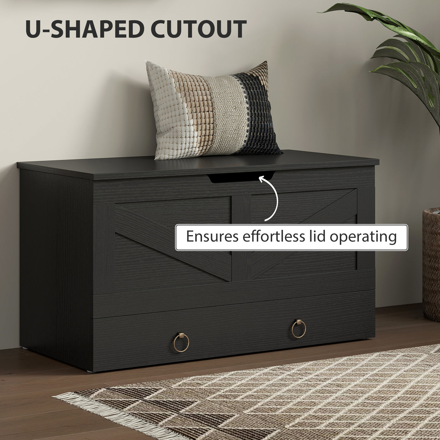 31.5 Inches Storage Chest, Storage Trunk with 2 Safety Hinges for Living Room, Black Wood Grain