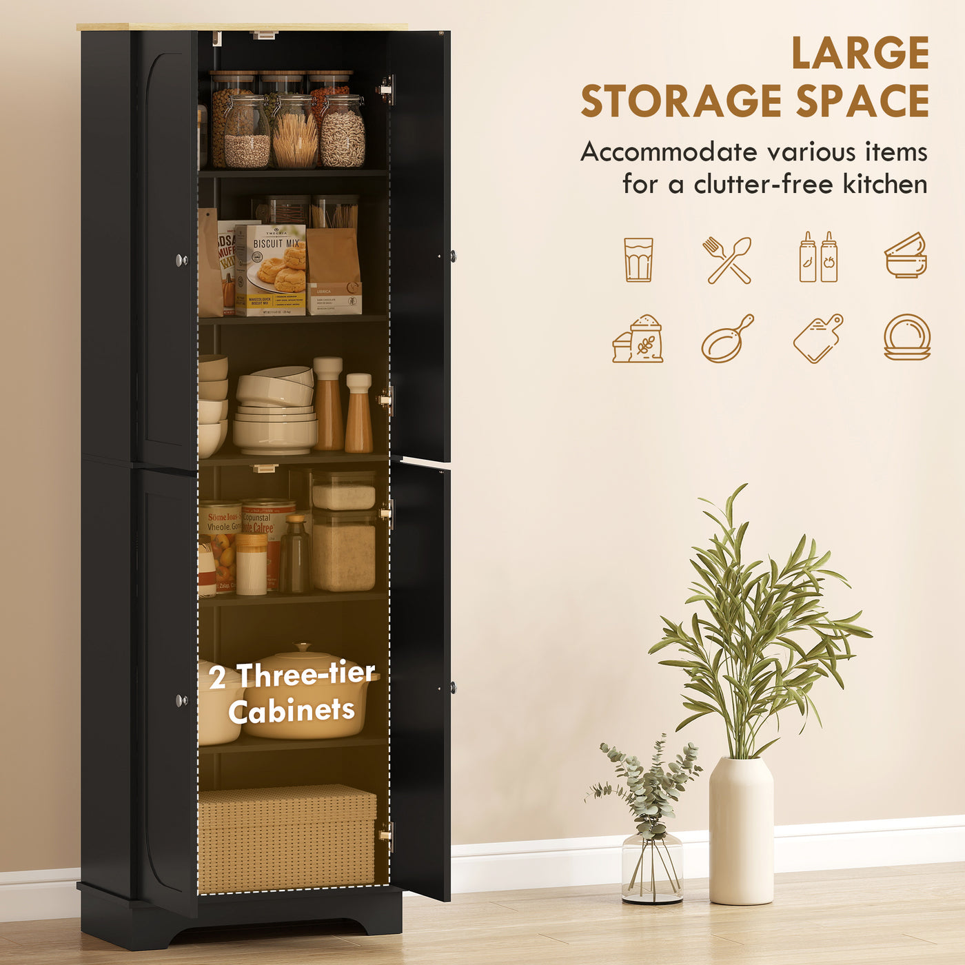 72" Tall Pantry Cabinet, Kitchen Pantry Cabinet with Adjustable Shelves, Storage Cabinet with 4 Doors, Black