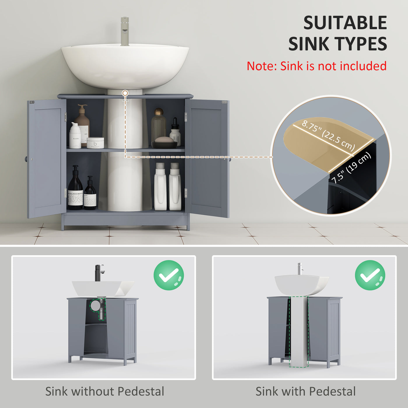Bathroom Vanity, 24" Pedestal Sink Bathroom Vanity Furniture with 2 Doors and Shelf, Grey