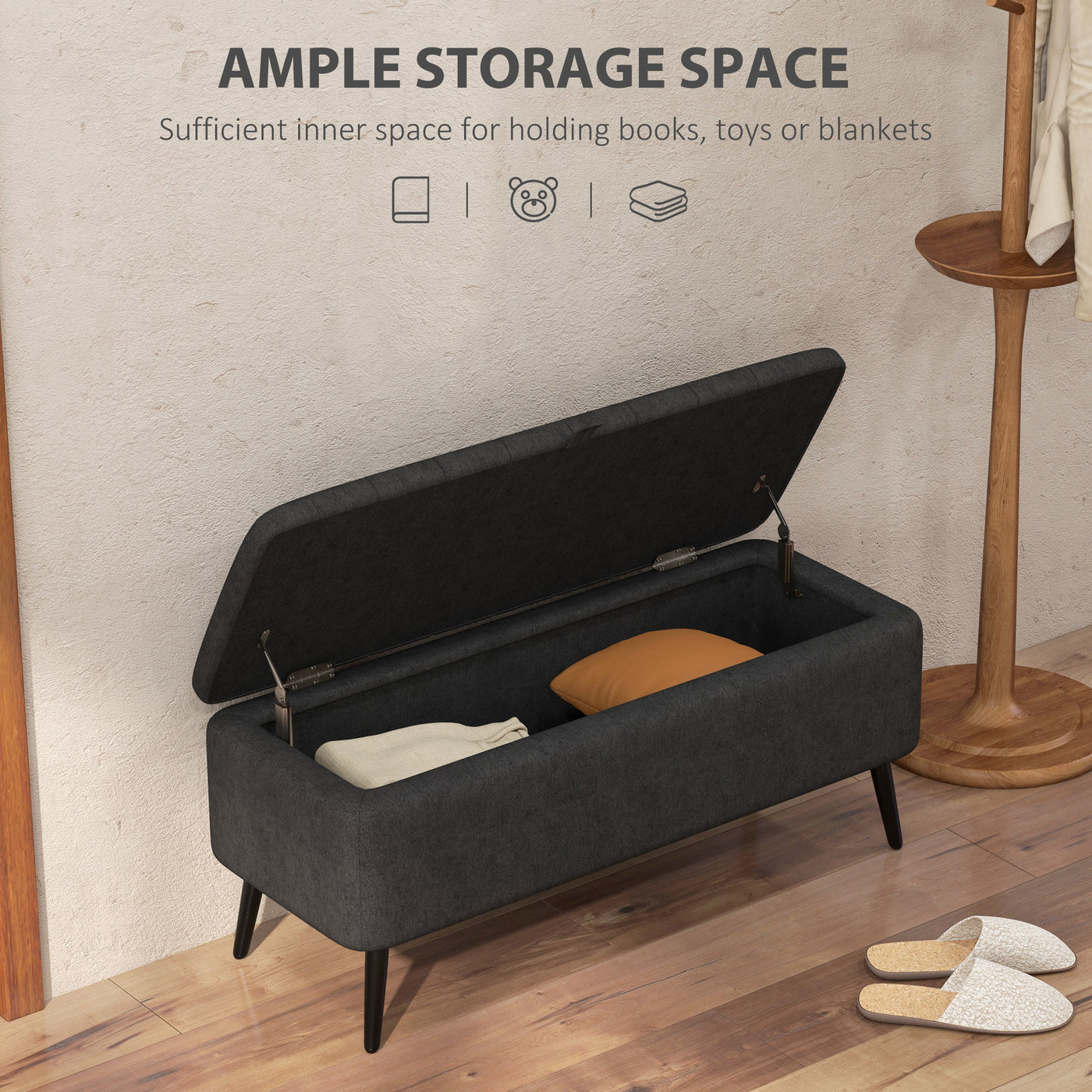 40" Ottoman with Storage, Linen Upholstered Storage Ottoman Bench with Steel Legs for Living Room, Bedroom Black