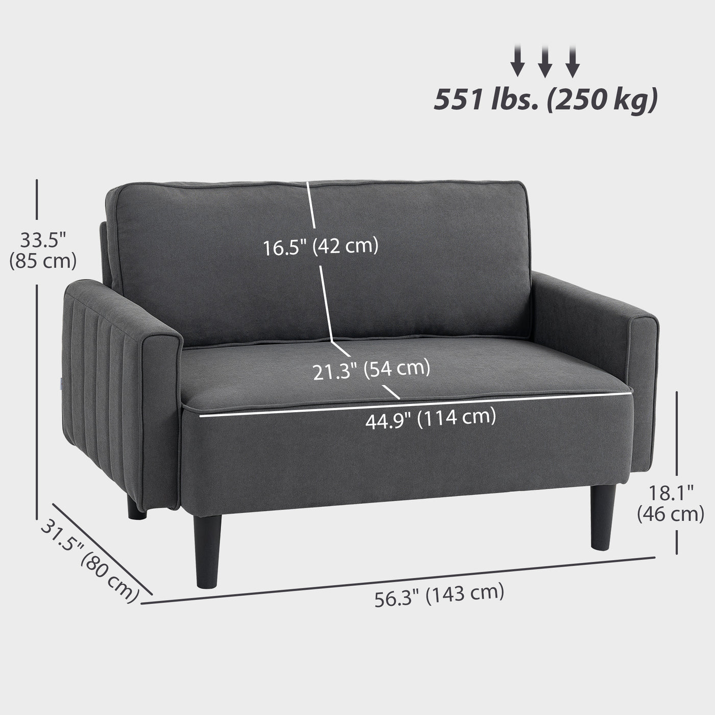Loveseat Sofa, Linen 2 Seater Sofa Couch with Thick Padded Seat & Backrest for Living Room, Home Office, Dark Grey