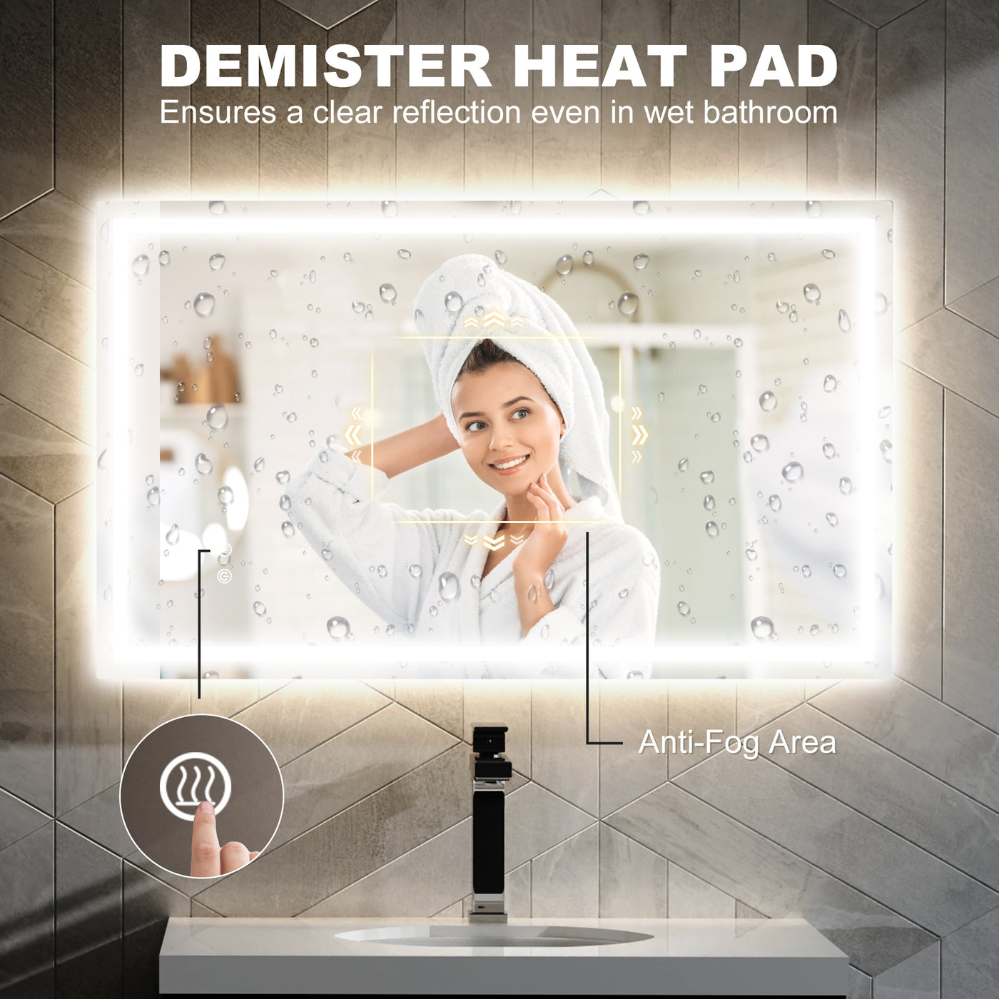 39" x 24" Bathroom Mirror with LED Lights, Wall Mounted Vanity Mirror with Anti-Fog Pad and Touch Button, Clear