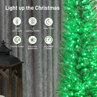9ft Christmas Tree with Colourful DIY Synchronized LEDs, Hinged Pencil Xmas Tree with Remote, Daily Timer, Green