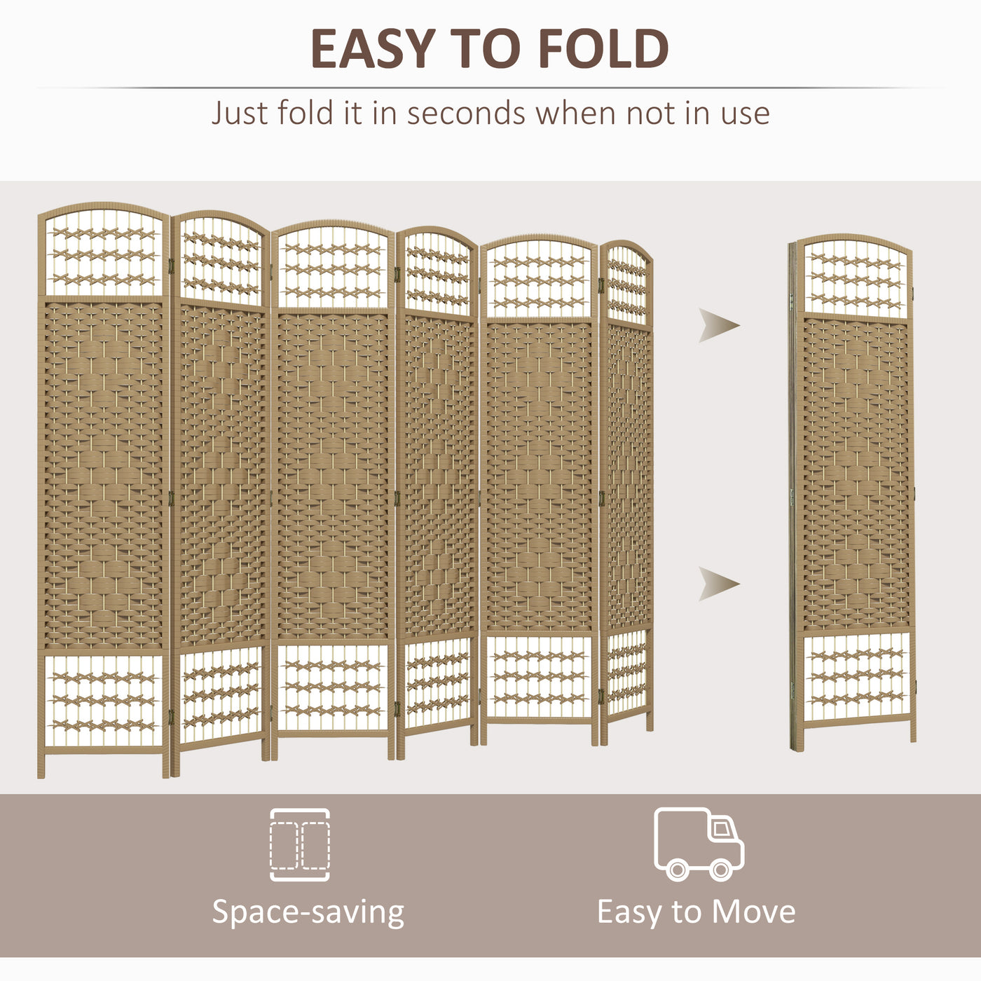 6 Panel Folding Room Divider, Portable Privacy Screen, Wave Fiber Room Partition for Home Office, Natural