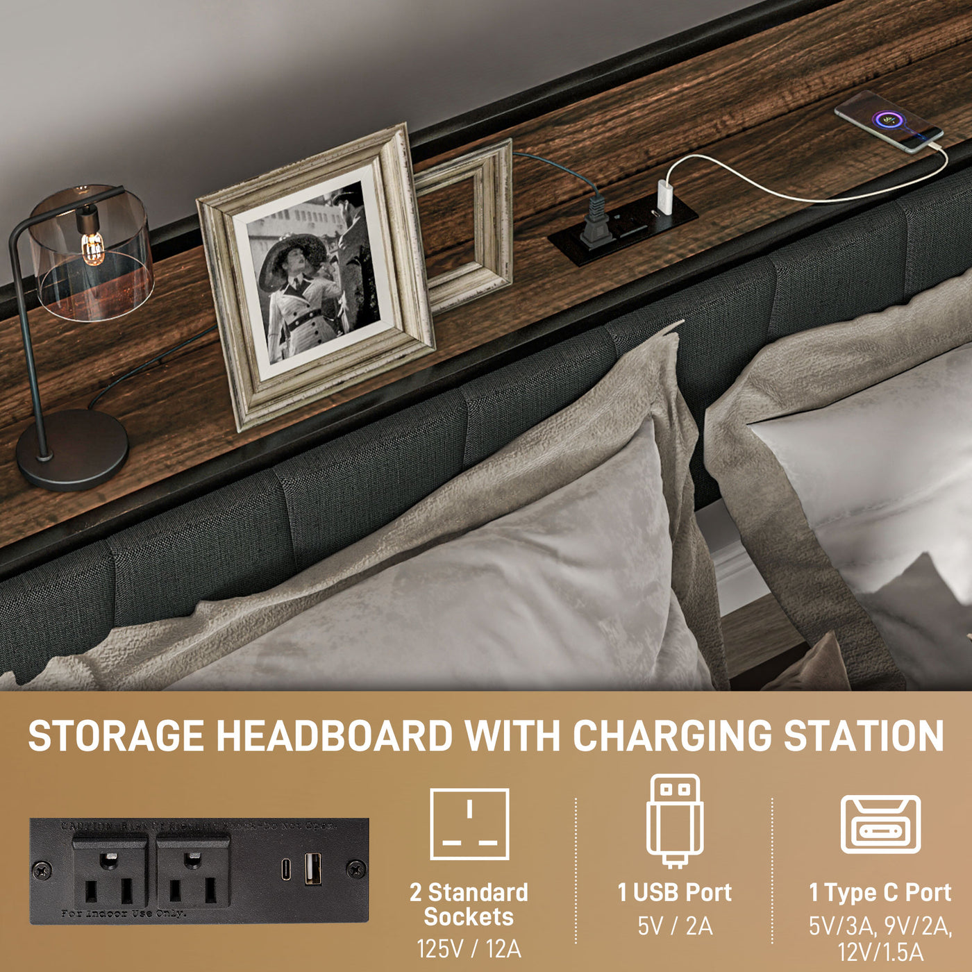 Full Size Bed Frame with Charging Station, Full Bed Frame with Upholstered Headboard and Storage Shelf, Walnut