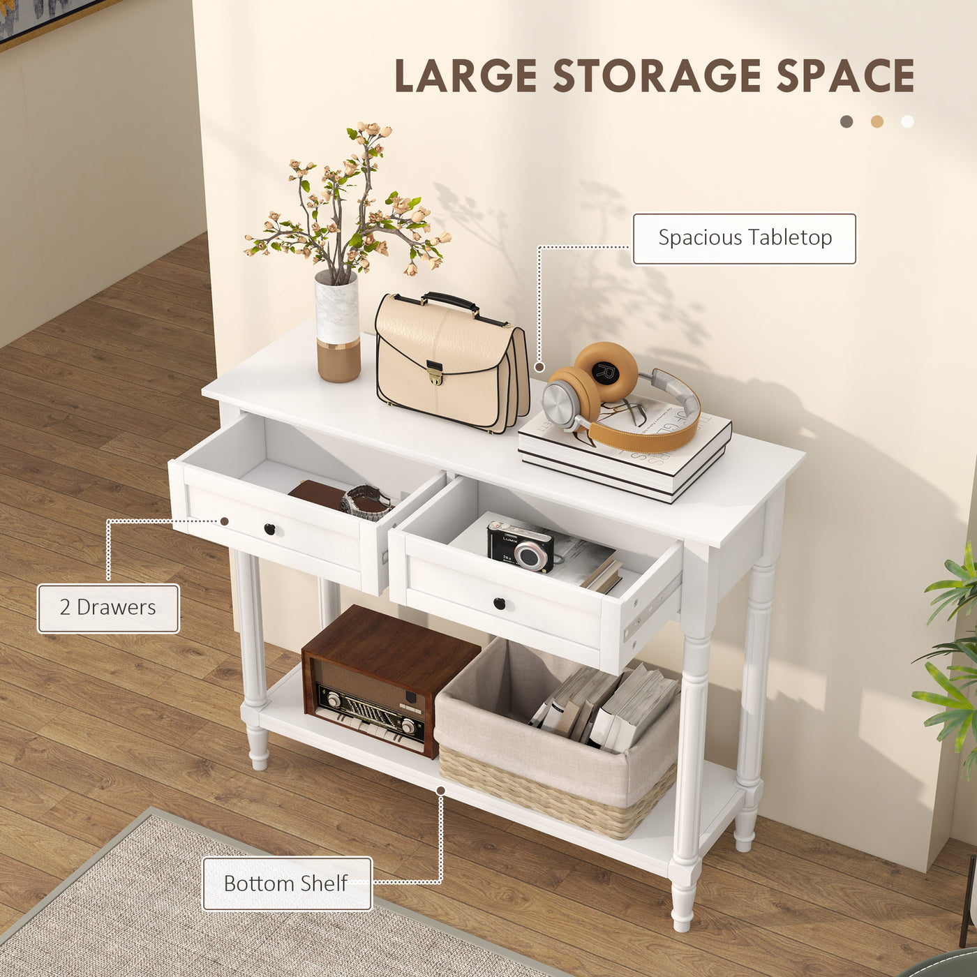 Hallway Console Table, Modern Entryway Table with 2 Drawers, Storage Shelf, Turned Legs for Living Room, Bedroom, White