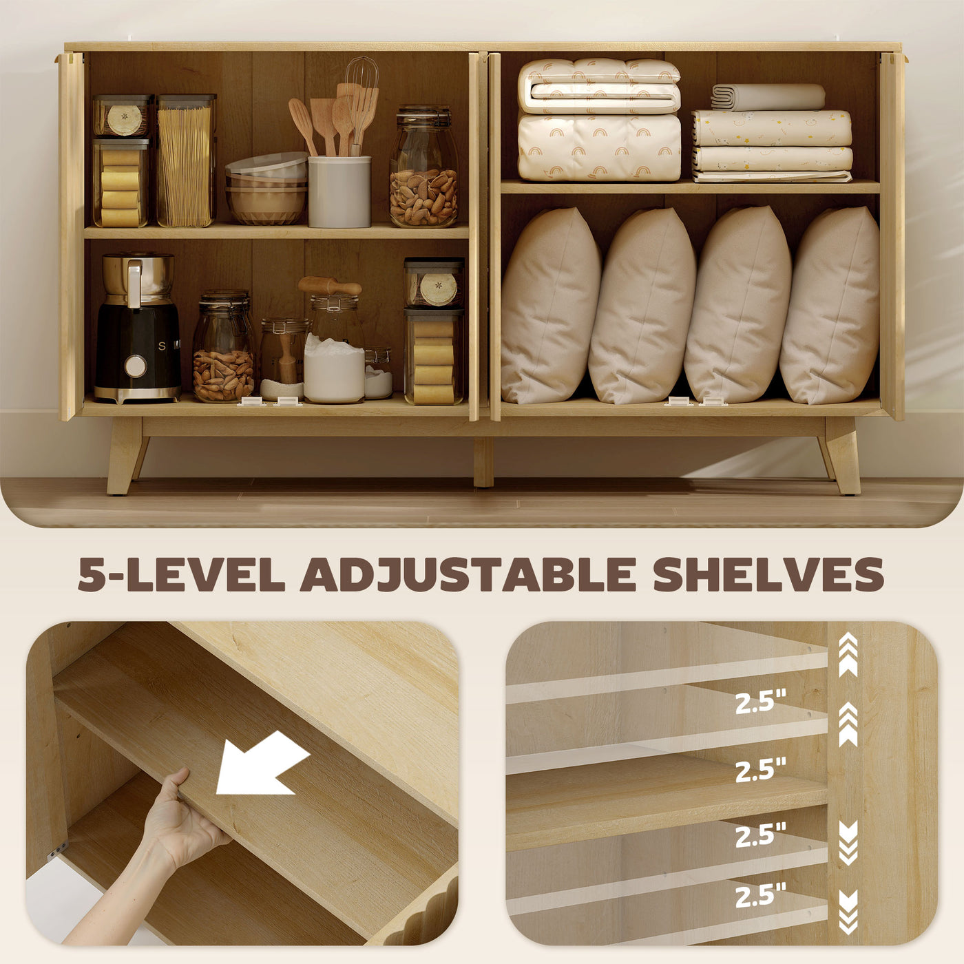 Fluted Sideboard Buffet Cabinet, 55" Coffee Bar Cabinet with 4 Doors, 2 Adjustable Shelves, 5 Wood Legs, Nature Wood